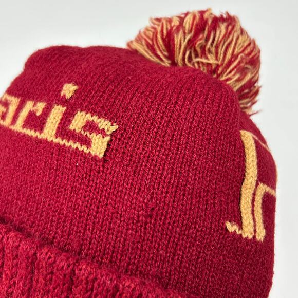 Vintage 70s Polaris Snowmobiles Cuffed Pom Pom Beanie Toque Winter Hat Red - Picture 6 of 9
